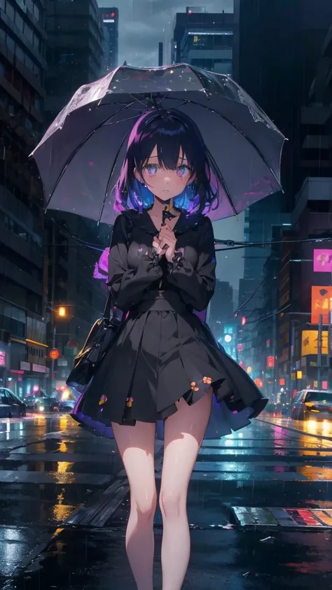 1 anime girl, alone,Black petals flutter, A mysteriously shining butterfly.city,vivid hair,Vivid gemstone eyes,thin legs,Gloomy cloudy sky,sad expression,very clear,highest quality,rainy city,have an umbrella,standing on street corner,Are crying,tears