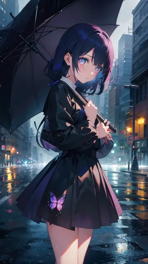 1 anime girl, alone,Black petals flutter, A mysteriously shining butterfly.city,vivid hair,Vivid gemstone eyes,thin legs,Gloomy cloudy sky,sad expression,very clear,highest quality,rainy city,have an umbrella,standing on street corner,Are crying,tears