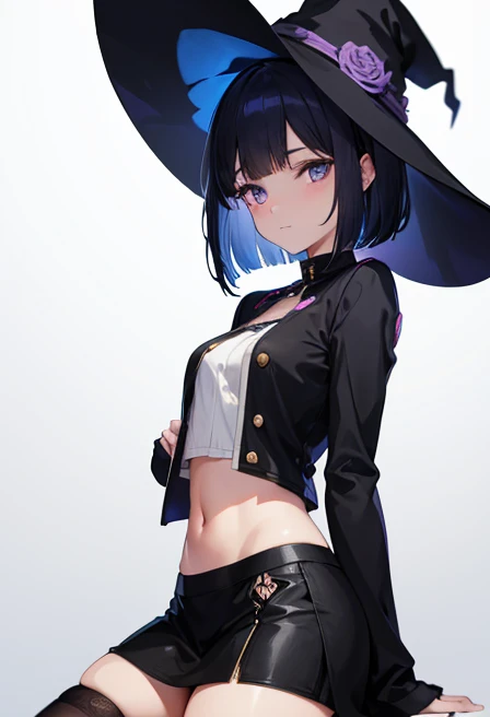 Witchs outfit, Anime-style portrait of a girl with a deep violet bob cut making eye contact with the camera, bright eyes, baby-faced, subtle smile, minimalistic background to emphasize character, high contrast, clean lines, digital painting, vivid colors