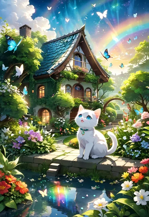 this scene is very fascinating。a girl and a white kitten are in a beautiful garden。 the girl is looking at the white kitten with...