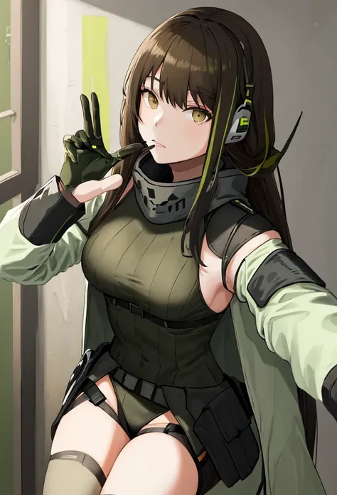 {safe:1.10}, best quality, masterpiece, highres, solo, {m4a1_girlsfrontline:0.90}, portrait, looking_at_viewermakeup, neckerchief, green armband, green one-piece sweater, black hair, long hair, (earphones), brown eyes, sand-colored windbreaker tied around ...