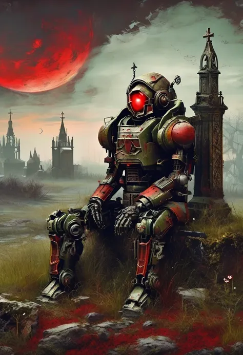 Wasteland，The old mecha sits on the stone and thinks，thinker，Hand on cheek，(sitting:1.2)，Rusty，Distant skyline，Gothic，moss，a small white flower，(cross:1.3)，cemetery，Gothic Church，Blood Red Moon，Gothic Elements，wildfires，cold， gloomily，