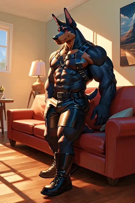 Furry, anthropomorphic Doberman Pinscher, 64 and 202 lbs, red eyes, 44" chest, 19" shoulders, 15" biceps, 34" waist, 24" thighs, 16" calves, 19" back, shirtless, wearing black leather chest harness, wearing black leather sleeveless vest, wearing black leat...