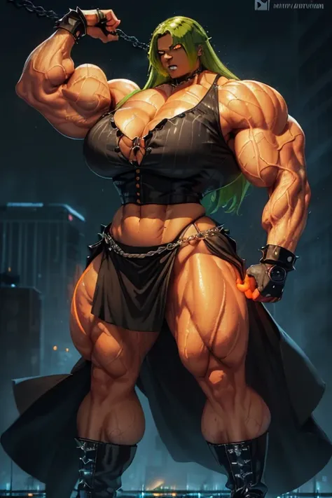 (((((Massive, tall, beautiful, buff, wet, brown skinned muscular android woman with green hair, glowing orange eyes, black lipstick, ginormous bulky muscles, wearing an half button down black blouse with black loose skirt))))), close view, (massive muscles...