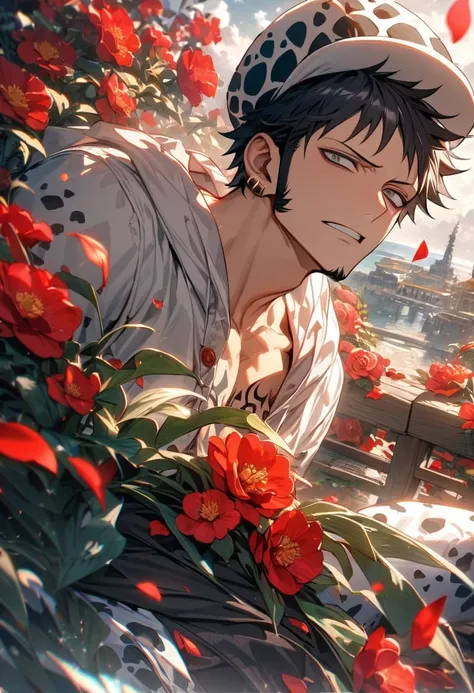 absurdres, highres, ultra detailed, HDR), master piece, best quality, Trafalgar Law, black hair, white hat, expressive detailed grey eyes, One Piece, 1man, handsome, red petals, red flowers, red butterflies