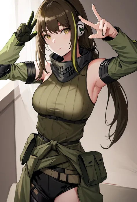 {safe:1.10}, best quality, masterpiece, highres, solo, {m4a1_girlsfrontline:0.90}, portrait, looking_at_viewermakeup, neckerchief, green armband, green one-piece sweater, black hair, long hair, (earphones), brown eyes, sand-colored windbreaker tied around ...