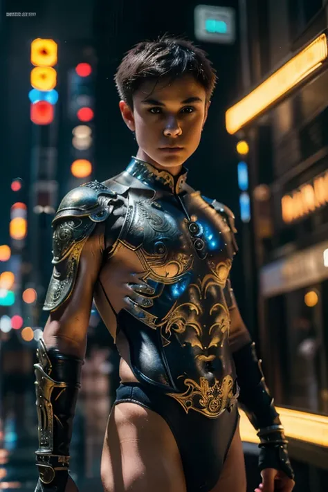 {{master piece}},best quality,illustration, 1boy scantilyclad in armor, small flat chest, aromor exposes his chest and torso, handsome detailed eyes,handsome detailed cyberpunk city, flat_chest, handsome detailed hair,wavy hair,handsome detailed steet,mech...