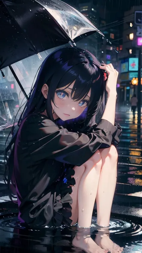 1 anime girl, alone,Black petals flutter, A mysteriously shining butterfly.city,vivid hair,Vivid gemstone eyes,thin legs,Gloomy cloudy sky,sad expression,very clear,highest quality,rainy city,street corner,Are crying,tears,close up of face,Sit in the water...