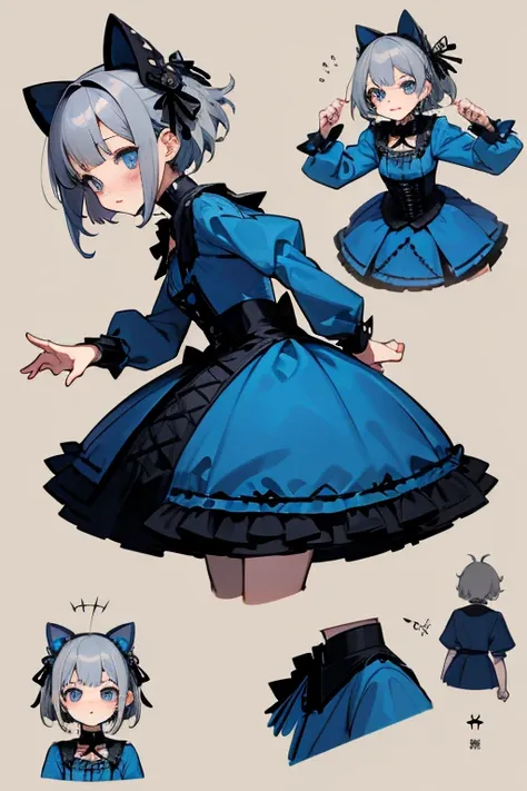 short gray hair, blush, Gothic Lolita、punk fashion、Headbang 2.、blue clothes、Concept Sheet