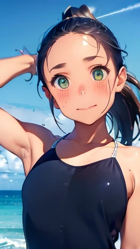 highest quality、realistic、Japanese、girl、cowboy shot、look up、cute、Green eyes、ponytail、black hair、all back、Forehead is coming out、Ocean、light blue swimsuit、joy、sunburn、Midsummer、Sweat、slender、small breasts