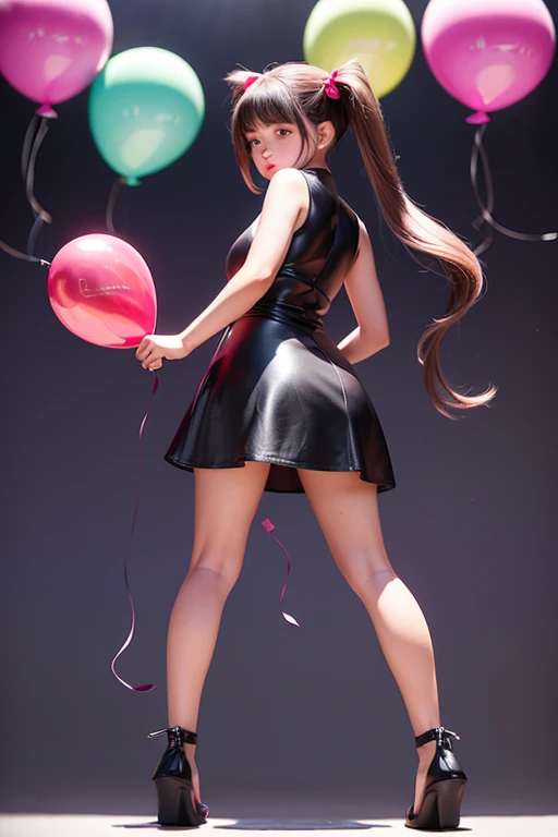 a 12 years old girl, ((having a lot of balloons)) , real photo, (((full body))), (looking back at me), twin tails, pink leather dress