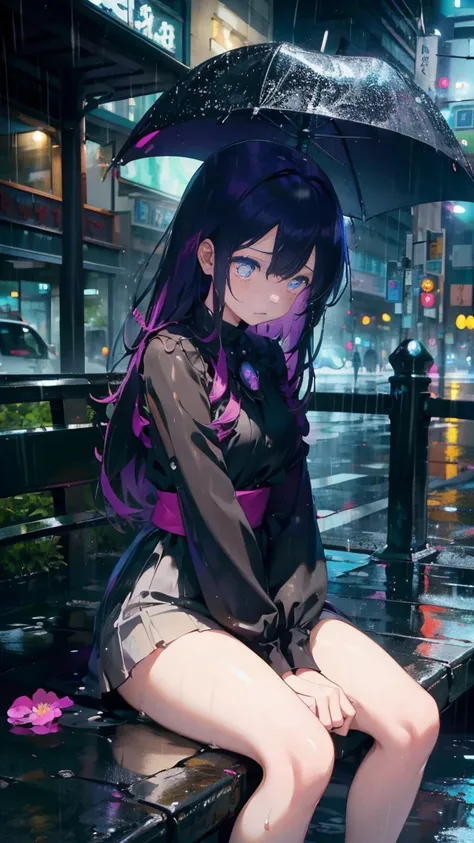 1 anime girl, alone,Black petals flutter, A mysteriously shining butterfly.city,vivid hair,Vivid gemstone eyes,thin legs,Gloomy cloudy sky,sad expression,very clear,highest quality,rainy city,street corner,Are crying,tears,close up of face,Sit in the water...