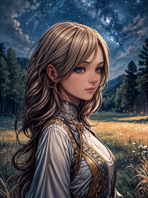 (best quality, highres, realistic:1.37), ultra-detailed, a girl looking up at the milky way galaxy, wearing a flowing earth-tone...