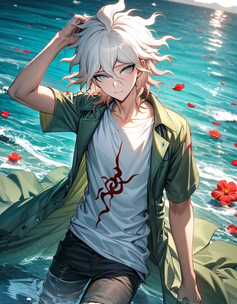 Ultra detailed, Highres, absurdres, HDR, Komaeda Nagito, white hair, silver eyes, green long coat, white t-shirt, Danganronpa 2, 1 man only, water, petals, flowers, summer, handsome