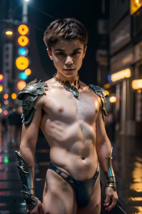 {{master piece}},best quality,illustration, 1boy scantilyclad in armor, small flat chest, aromor exposes his chest and torso, handsome detailed eyes,handsome detailed cyberpunk city, flat_chest, handsome detailed hair,wavy hair,handsome detailed steet,mech...