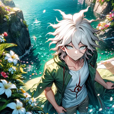 Ultra detailed, Highres, absurdres, HDR, Komaeda Nagito, white hair, silver eyes, green long coat, white t-shirt, Danganronpa 2, 1 man only, water, petals, flowers, summer, handsome