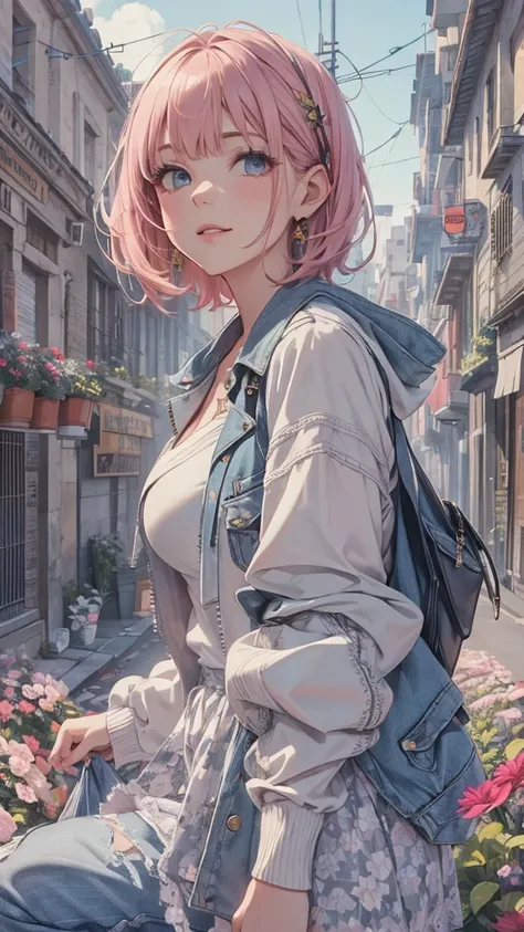 (Highly detailed CG unit 8k wallpaper, masterpiece, High resolution, highest quality, highest qualityのリアルテクスチャスキン), Pose with hands in jacket pockets:1.5, Looking up at the sky and smiling, Asymmetrical short coral hair, A cool fashion girl influenced by t...