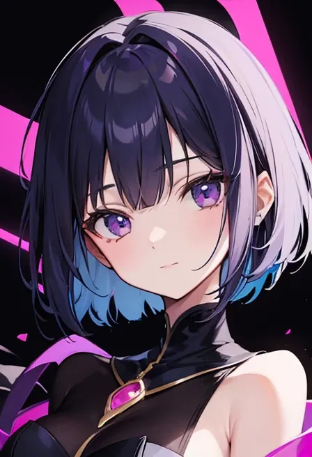 Witchs outfit, Anime-style portrait of a girl with a deep violet bob cut making eye contact with the camera, bright eyes, baby-faced, subtle smile, minimalistic background to emphasize character, high contrast, clean lines, digital painting, vivid colors