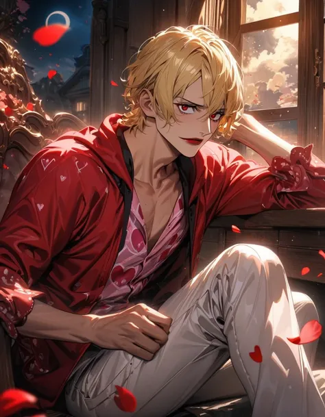 absurdres, highres, ultra detailed, HDR), master piece, best quality, Don Quixote Rosinante, short blond hair with bangs, expressive brown detailed eyes, 1man, handsome, One Piece, red lips, red hoodie, pink dress shirt with red heart patterns, white pants...