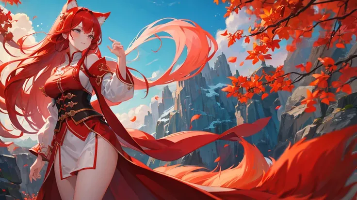 beutiful girl, red hair, nine tailed fox, fox, royal clothes, 8k resolution, sky