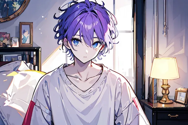 ((highest quality)), ((masterpiece)), ((1 person)),perfect face、male、purple hair color、light blue eyes、very short hair、vocal、pale colour、whole body、simple clothes、Room with lamp、