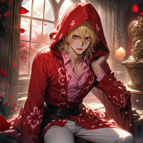 absurdres, highres, ultra detailed, HDR), master piece, best quality, Don Quixote Rosinante, short blond hair with bangs, expressive brown detailed eyes, 1man, handsome, One Piece, red lips, red hood on the head, pink dress shirt with red heart patterns, w...