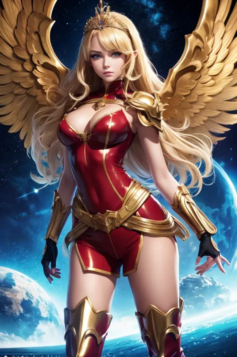 Best quality, 8K, action pose,woman vintage super hero, beautiful and detailed face, blonde curly long hair,golden tiara, big eyelashes,holding a gold sword,big angel wings,LOOKING TO observer,red and blue metalic armour over bodystocking, SHINY GLOSSY PAN...