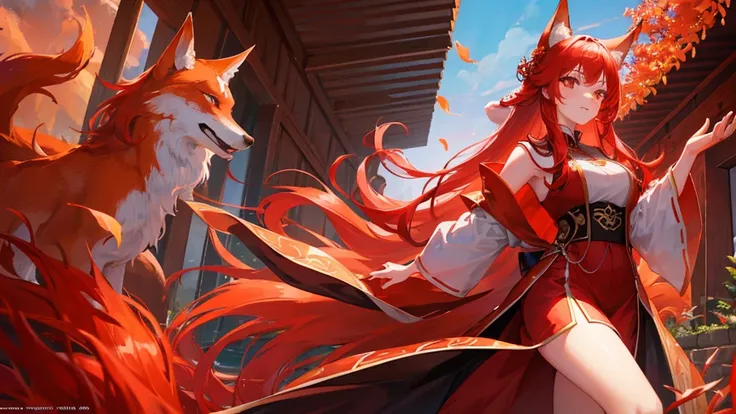 beutiful girl, red hair, nine tailed fox, fox, royal clothes, 8k resolution, sky