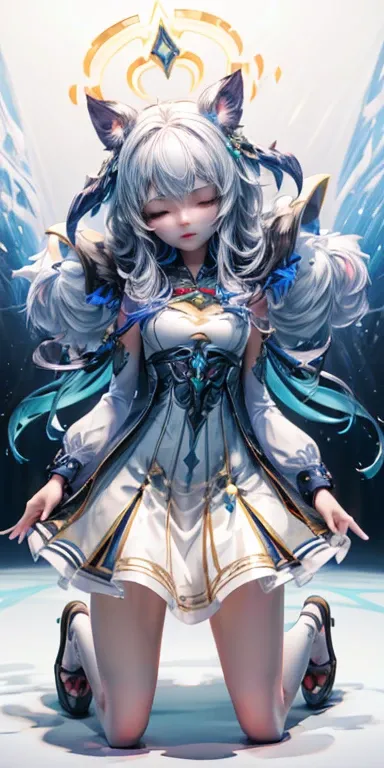 a girl ((full body)) wearing a white enchaantedd dazzling silver dress  with white enhancements,,kneeling, eyes closed, her arms folded around herself,, wearing a luminating Shinning wide- strap dress.  ((Dress send out beams of white light)))  strikinng t...