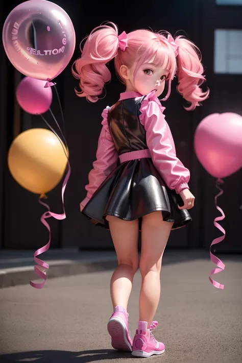 a 8 years old girl, ((having a lot of balloons)) , real photo, (((full body))), (looking back at me), twin tails, pink leather dress, looing down at me,