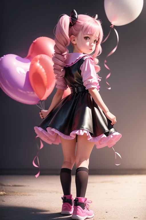 a 11 years old girl, ((having a lot of balloons)) , real photo, (((full body))), (looking back at me), twin tails, pink leather dress, looing down at me,