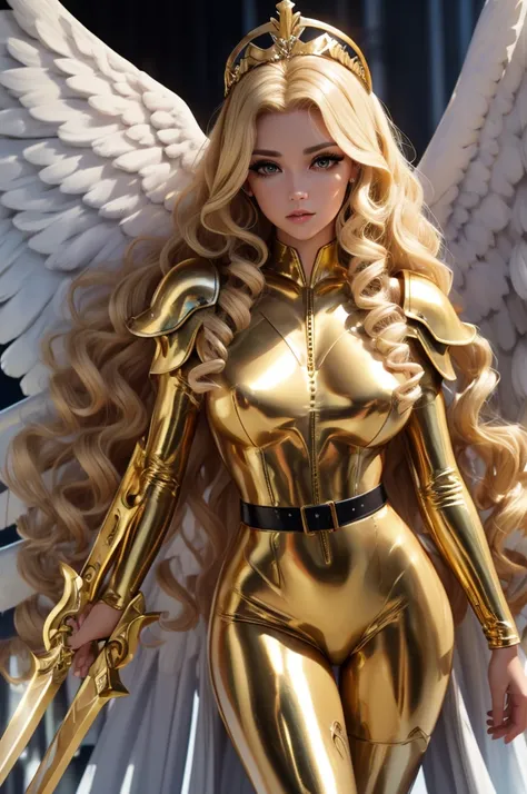 Best quality, 8K,woman vintage super hero, beautiful and detailed face, blonde curly long hair,golden tiara, big eyelashes,holding a gold sword,big angel wings,LOOKING TO observer,silver metalic armour over bodystocking, SHINY GLOSSY PANTYHOSE,black belt,o...