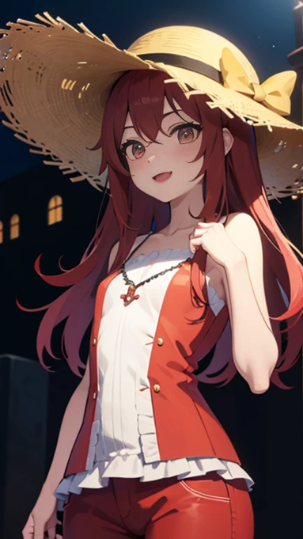 "chica anime, 1 person, pelo rojo brillante, Cabello hasta los hombros, ojos rojo oscuro, small hat, sombrero rojo con adornos dorados, mucama, mucama outfit, lolita,pechos grandes, pantalones medias, piernas cruzadas, sonriendo sonriendo, solo, Vista fron...