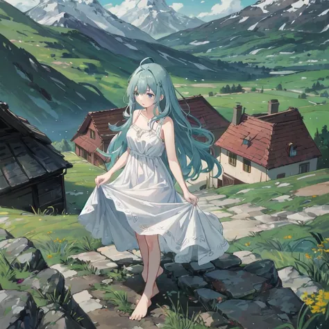 1girl、solo、masterpiece、disorganized、情緒landscape、landscape、outdoor、surrounded by nature、super long hair、light blue hair、Bangs are parted、 ahoge、blue eyes、White Cami Dress、white clothes、white skirt、barefoot、Looking down on the foothills from the top of the p...