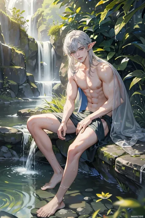 (Masterpiece, high resolution, Very detailed:1.0), (1 boy, young man), Perfect male body, (adult male elf:1.3), Delicate eyes and delicate face, CG ที่Very detailed, unity wallpaper 8k, complicated details, detailed face, (Silver eyes, eyes looking at the ...