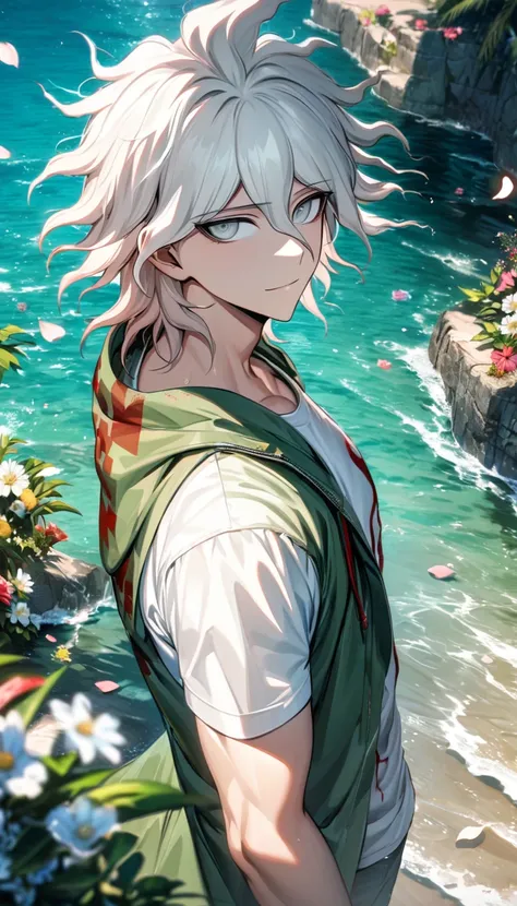 Ultra detailed, Highres, absurdres, HDR, Komaeda Nagito, white hair, silver eyes, green long coat, white tight t-shirt, Danganronpa 2, 1 man only, water, petals, flowers, summer, handsome, 