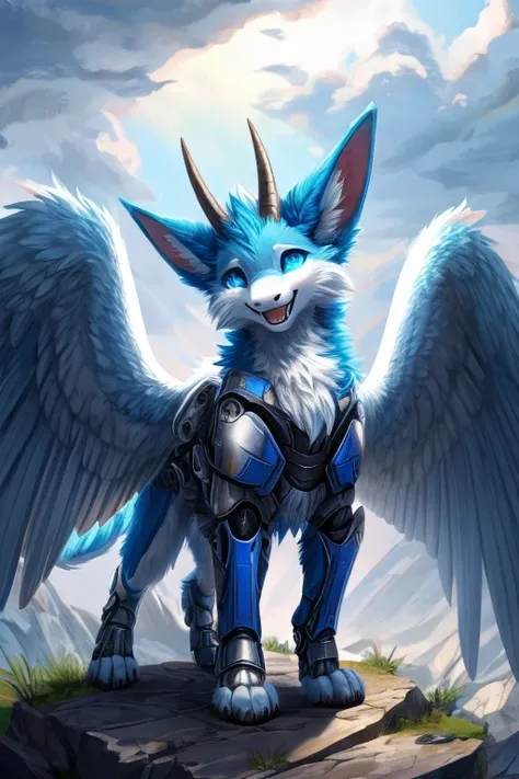 furry art, feral, furred dragon, female, white and blue fur, feathered wings, big ears, horns, tail, chest fluff, paws, fangs, happy, blind, faded eyes, faded blue eyes, cloudy eyes, scarred, scars, quadruped, wearing armor, wearing mechanical armor, full ...