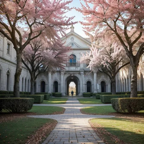 A breathtakingly detailed digital painting captures the Universidad campus in all its glory, showcasing the ethereal twisted and weird old plum trees that line the pathways. The scene, rendered in diorama macro photography, transports you to a late autumn ...