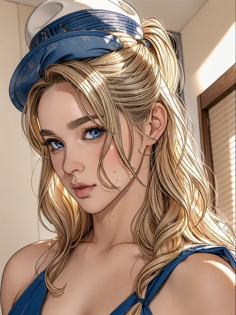 (highest quality, high resolution, super detailed, masterpiece:1.2), messy, wavy blonde hair, adult, blue eyes, ponytail, look a...