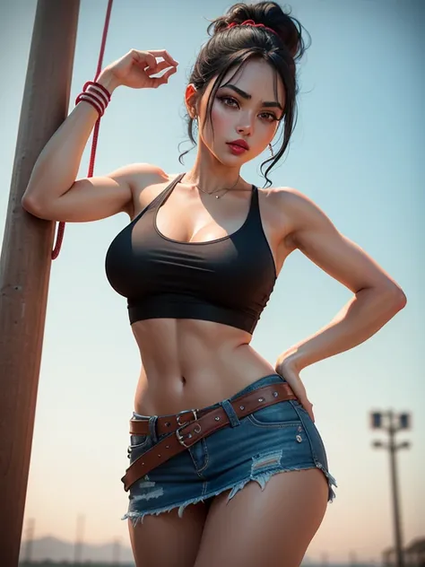 A Latina woman with red lips and green eyes and black hair tied in a low ponytail, wearing a white tank-top and a striped miniskirt. She is untying the knot of a long rope belt. 3d style illustration. Low angle view. 