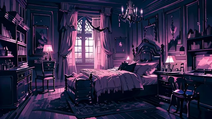 background、highest quality、detailed、gothic atmosphere、room illustration、、illustration in black and pink tones、spacious room、nigh...