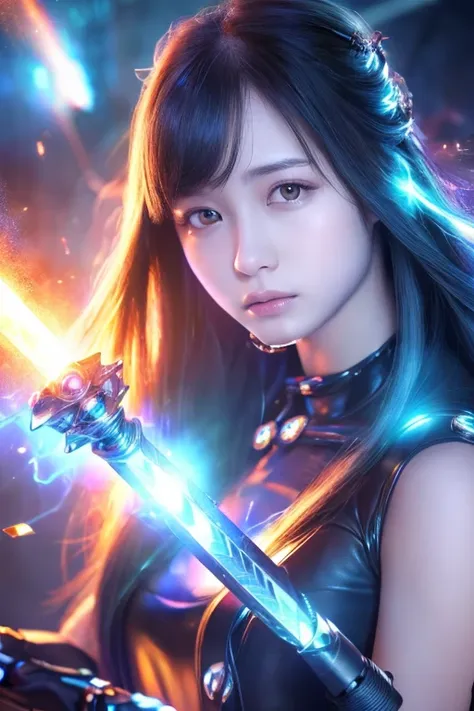 ((highest quality、best image quality、超A high resolution))、(Photoreal), (realistic), (ultra high resolution), table top, highest quality, Raw photo, 超realistic, girl&#39;face, the air looks clear, blend with the aurora.(((He has a legendary sword that emits...