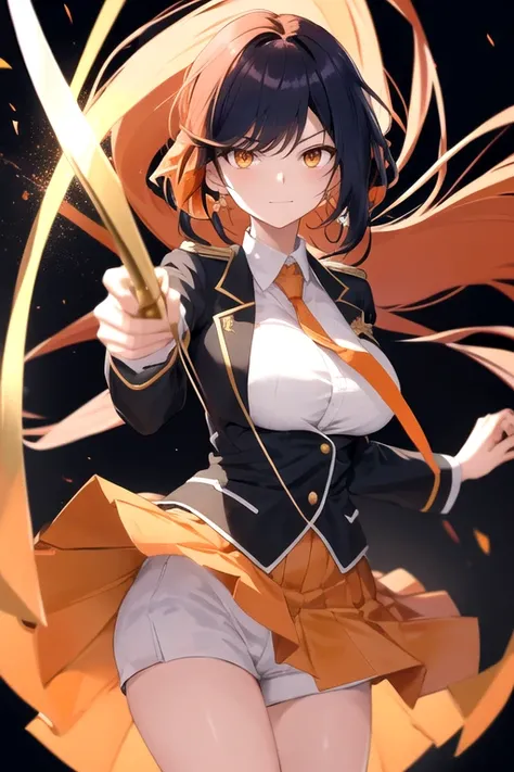 a cartoon woman in uniform holding a bow and arrow in front of her, kureha touka, 1girl, solo, teenager, 17yo, large breasts, orange pleated skirt, lightplutinum hair, long hair, parted bangs, gold eyes,  black blazer, pleated skirt, white things high, ora...