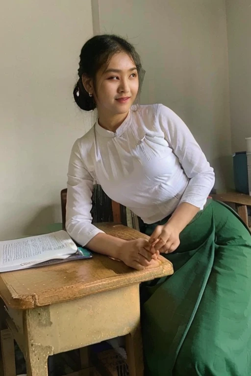 there is a woman standing in a green skirt and white shirt, nivanh chanthara, wearing traditional garb, traditional dress, wearing headmistress uniform, traditional clothes, wearing authentic attire, in style of lam manh, white shirt and green skirt, nutta...