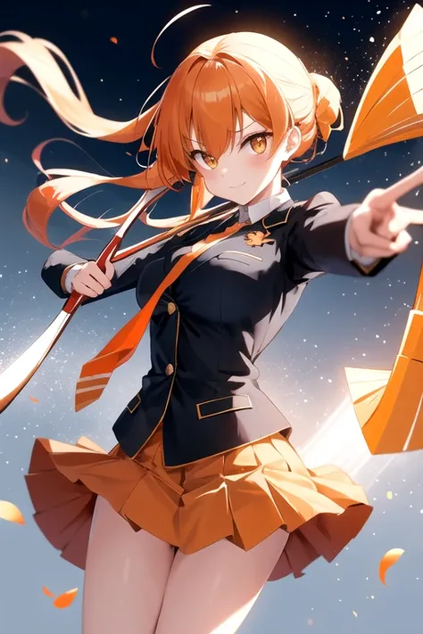 a cartoon woman in uniform holding a bow and arrow in front of her, kureha touka, 1girl, solo, teenager, 17yo, large breasts, orange pleated skirt,platinum hair, long hair, diagonal bang, gold eyes,  black blazer, pleated skirt, white things high, orange n...