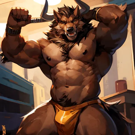 there is a cartoon of a man with a big muscular body, muscular werewolf, anthropomorphic wolf male, angry high moral sexy werewolf, a minotaur wolf, sfw version, furry chest, furry brown body, mid-shot of a hunky, whole body highly detailed, an anthro wolf...