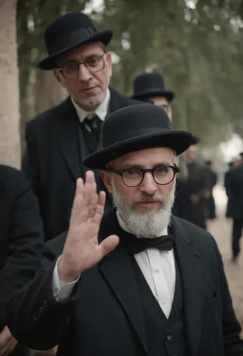 Haredi Jewish capitalists in traditional clothing，Wearing a bowler hat，wearing glasses，