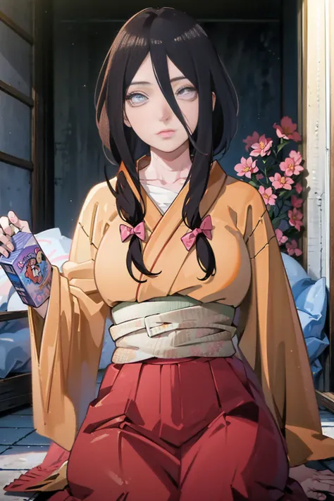 tmasterpiece， hoang lap ， （Complicated details）， （rich colourful）， movie lighting， bust， the Extremely Detailed CG Unity 8K Wallpapers ， Hinata flower ratio， 1girll， solo， orange kimono， Red hakama skirt， obi strip， Wide sleeves， looking at viewert， ventan...