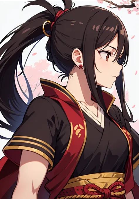 woman, Thoughtful and passionate, Long hair tied high in a ponytail, black hair, deep brown eyes, sharp look, supple and muscular, Small cherry blossom earrings in the ears, Traditional warrior attire with modern elements