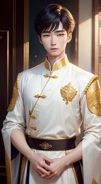 real handsome guys,Delicate and realistic facial,20 year old man,zhanglingher supper star of chinese,short hair,neat face,South Korea Men,handsome face,dress in ancient white and gold chinese monarchy cloths.zhang lin her.